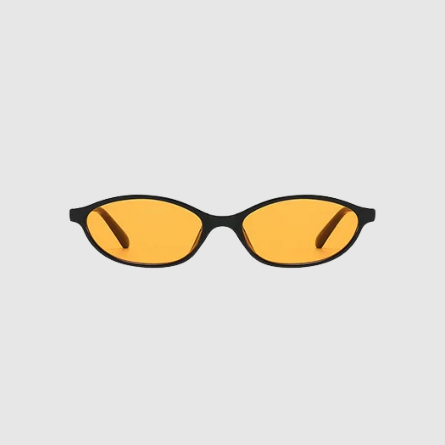 Sunglasses with yellow lenses and black frames on a light gray background