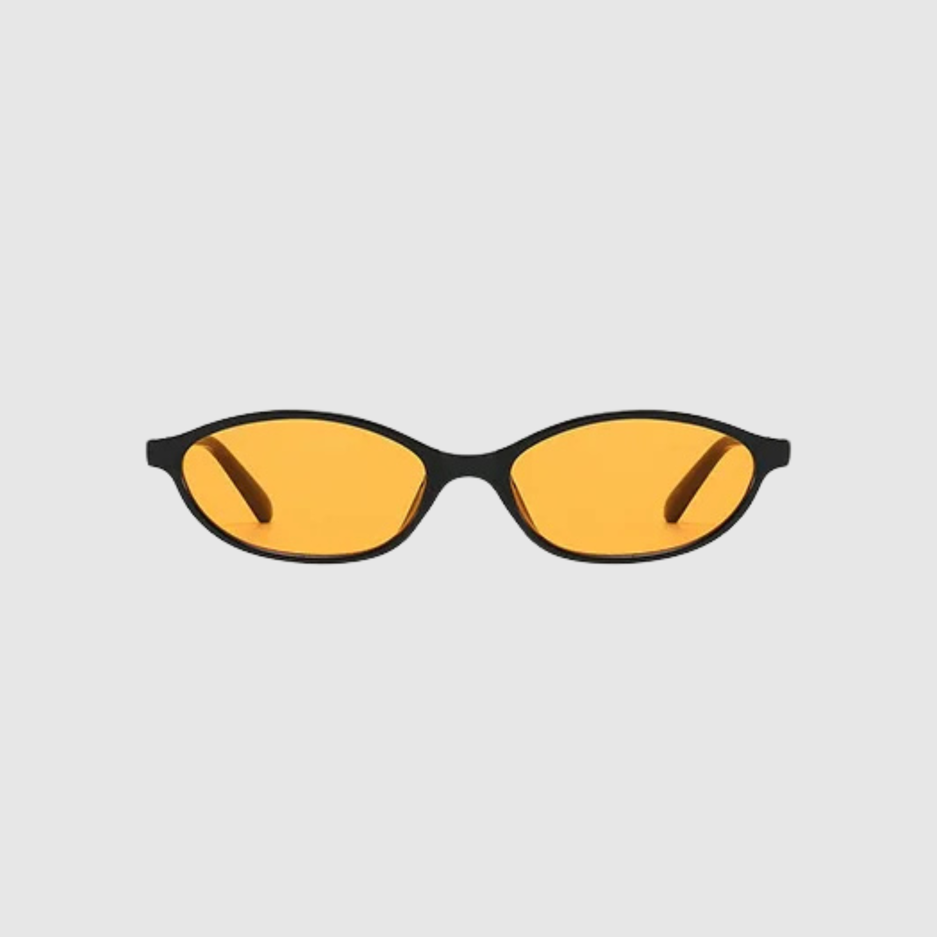 Sunglasses with yellow lenses and black frames on a light gray background