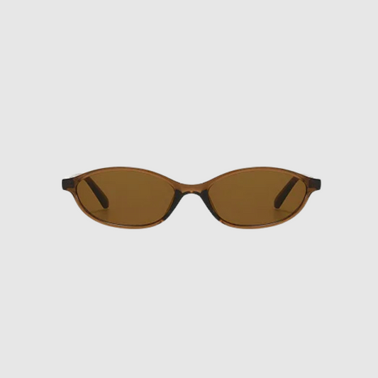 Brown sunglasses with a thin frame on a light gray background